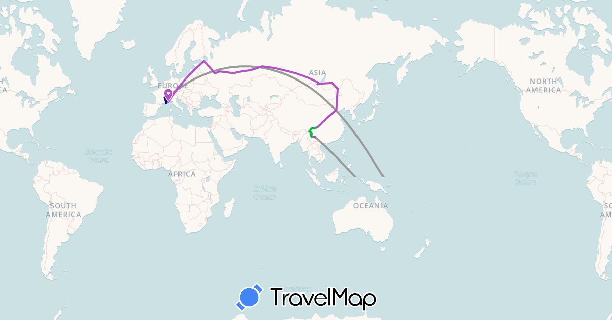 TravelMap itinerary: driving, bus, plane, cycling, train, hiking, boat in China, France, New Zealand, Russia, Samoa (Asia, Europe, Oceania)